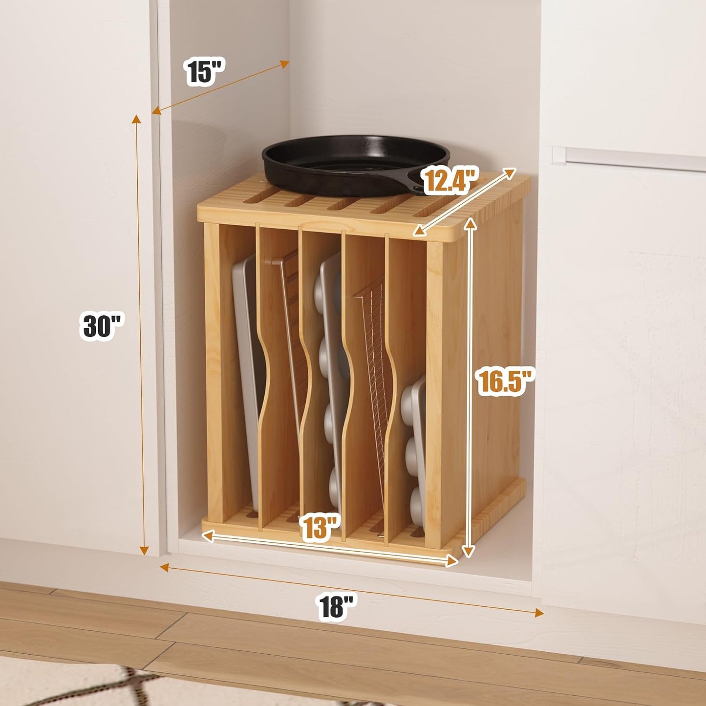 6 Tier Wooden Tray Dividers for Cabinets | Kitchen Vertical Cookie Sheet Organizer, Baking Trays Storage Rack, For Baking Pans, Cutting Board