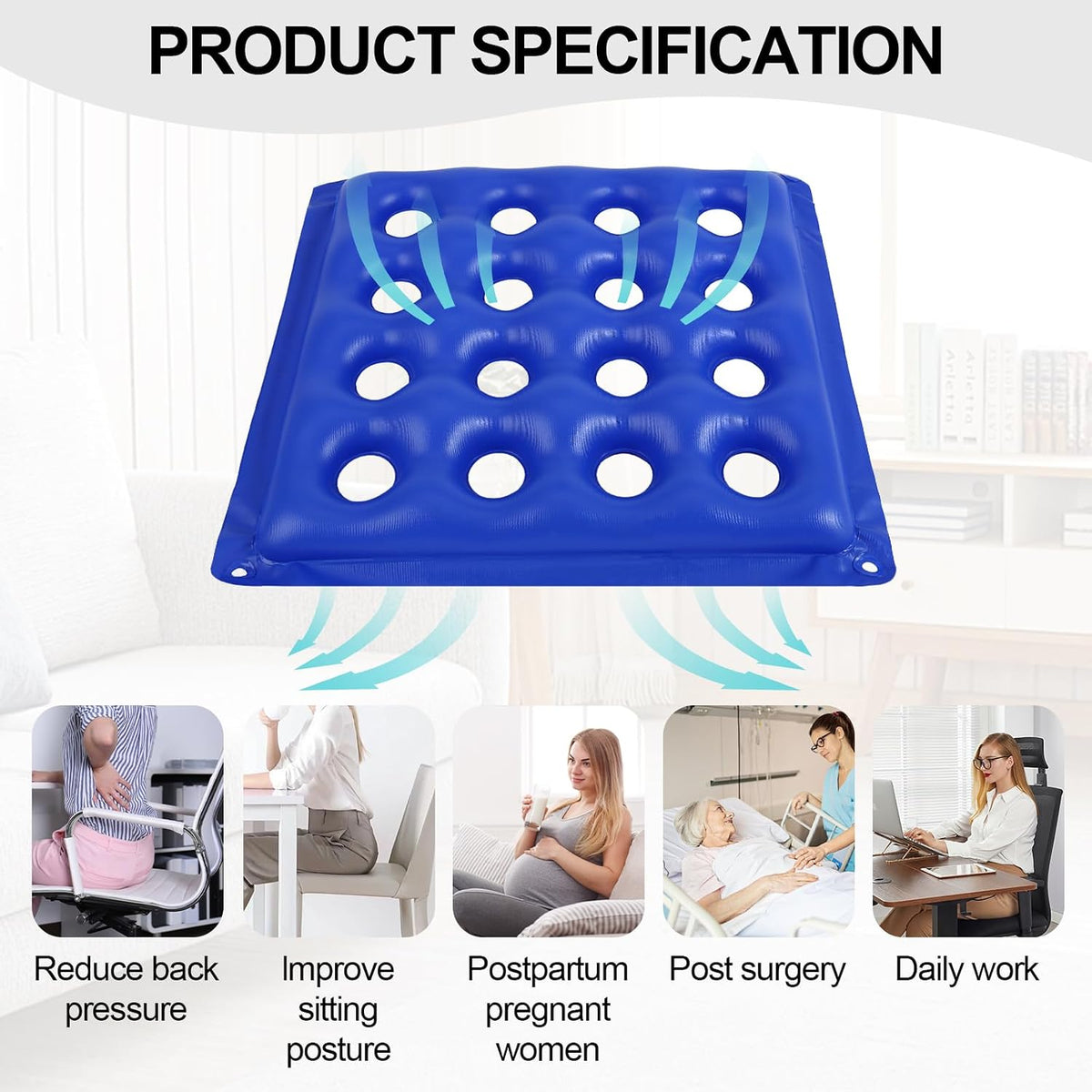 2-Pack Inflatable Seat Cushions, Pressure Relief Waffle Cushion, Ideal for Long Sitting, Office Chairs, Car Seats, Wheelchair Cushions, Comes with 2 Air Pumps, Portable and Comfortable