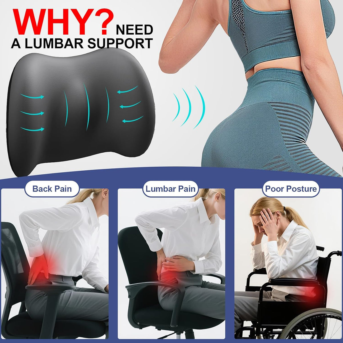 BYMECOST Lumbar Support Pillow for Car, Memory Foam Car Back Cushion