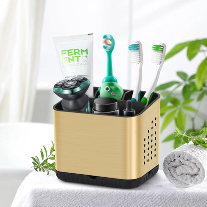 Bathroom Toothbrush Holders, Toothbrush and Toothpaste Holder (Wood Grain) | Easy To Clean, Drainage, Removable, Non-Slip, 4 Slots Tooth Brush Holder for Bathroom Countertop Organizer