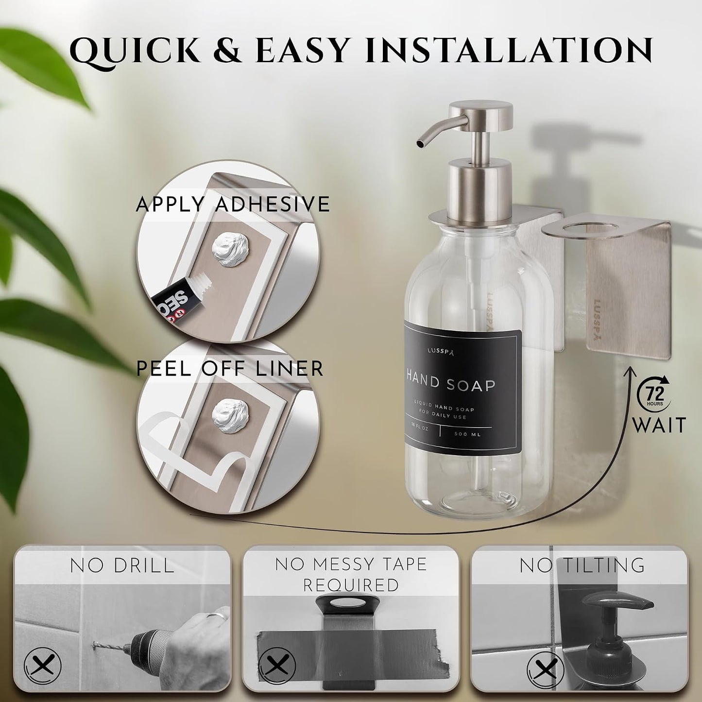 Shower Shampoo Dispenser Wall Mounted – 3 Refillable 16.9 oz Clear Bottles with Stainless Steel Pumps & No-Drill Adhesive Holders – Soap Dispenser Set for Bathroom (3 X Clear/Silver)