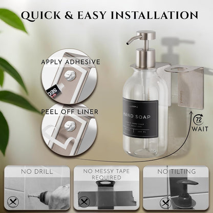 Shower Shampoo Dispenser Wall Mounted – 3 Refillable 16.9 oz Clear Bottles with Stainless Steel Pumps & No-Drill Adhesive Holders – Soap Dispenser Set for Bathroom (3 X Clear/Silver)