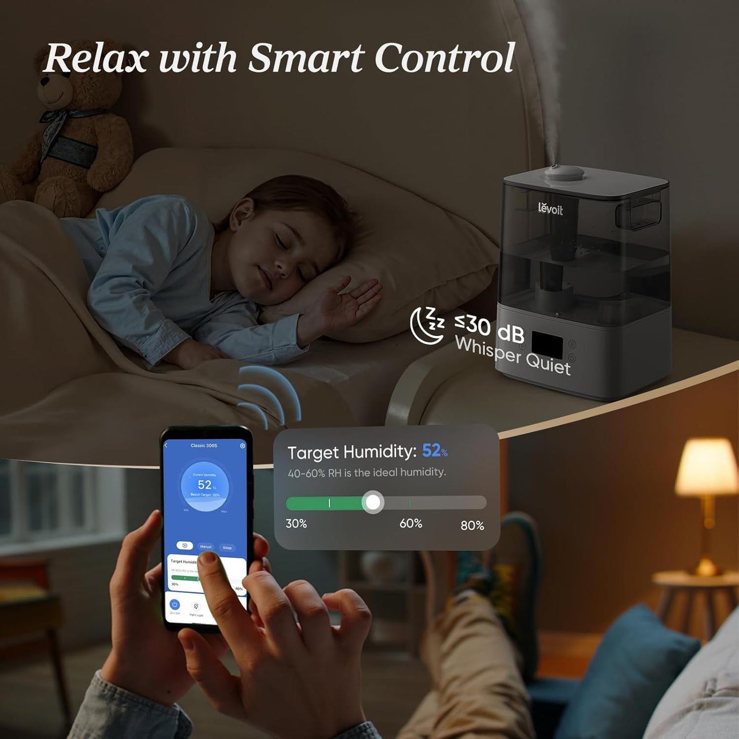 Levoit Humidifiers for Bedroom Large Room, 6L, 60H Runtime, 26dB, Smart App | Top Fill Cool Mist Humidifier for Baby & Plants, Easy to Clean, Essential Oil, Rapid Humidification & Auto Mode, Sleep Mode