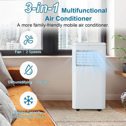 10000 BTU Portable Air Conditioner, 3 In1 Cooling Dehumidifier Fan, Quiet Fast Cooling, 4 Way Swing, LED Display, Remote, 24H Timer, 360° Wheels, Window Kit, Cools Rooms Up to 450 Sq.ft