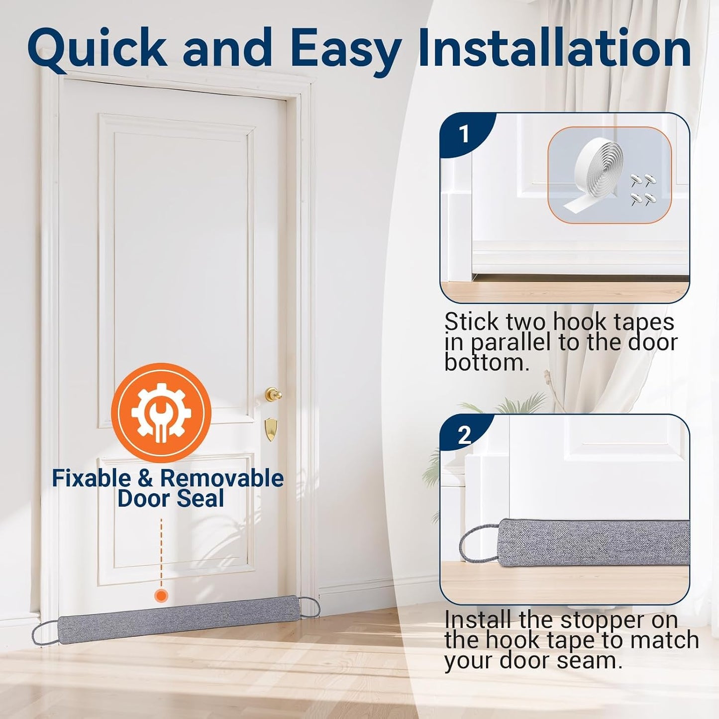 Door Draft Stopper, Heavy Duty Under Door Draft Blocker, Grey | 36’’ Weighted Door Seal, Gap Filler, Door Bottom, For Noise Light Cold Air, with Adhesive Strips, Bedroom Office Kitchen Home
