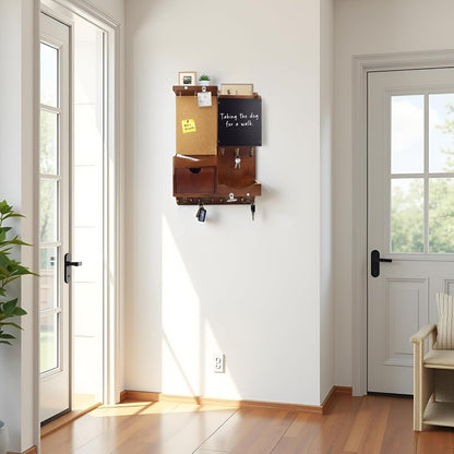 Key Holder for Wall Mount with Shelf and Mail Organizer, Key and Mail Holder with 16 Hooks, Farmhouse Entryway Organizer, Home Decor Rack (Pine Wood, White Washed)