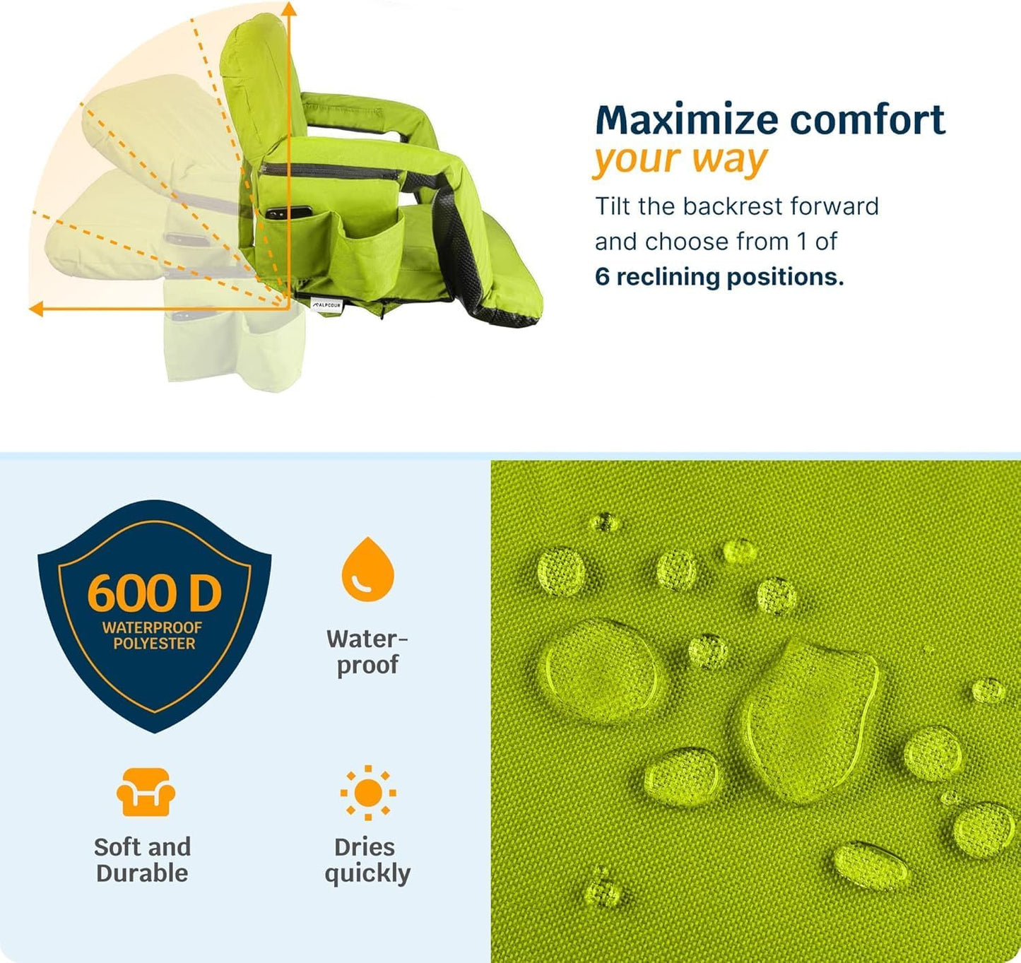 Heated Reclining Stadium Seat for Bleachers – Wide Bleacher Chair with Back Support and Cushion, Armrests, Side Pockets, & Hook – Stadium Seats Chairs for Camping, Kayak, Paddle Board & More