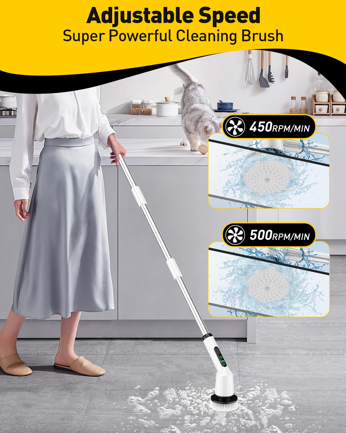 Electric Spin Scrubber for Bathroom, Shower Scrubber with Long Handle | Shower Cleaner Brushes, IPX7 Waterproof & 2 Speed, 3 Brush Heads, 90min Runtime, Bathroom Cleaning Supplies for Toilet Tub