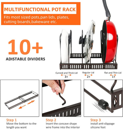 ROOHUA Pot and Pan Lid Organizer Rack for Under Cabinet, 12"-23" Expandable | 10 Adjustable Dividers, Holds Pan Lids, Cookware & Bakeware, Creates Tidy Cabinet Storage, Durable Metal, Bronze