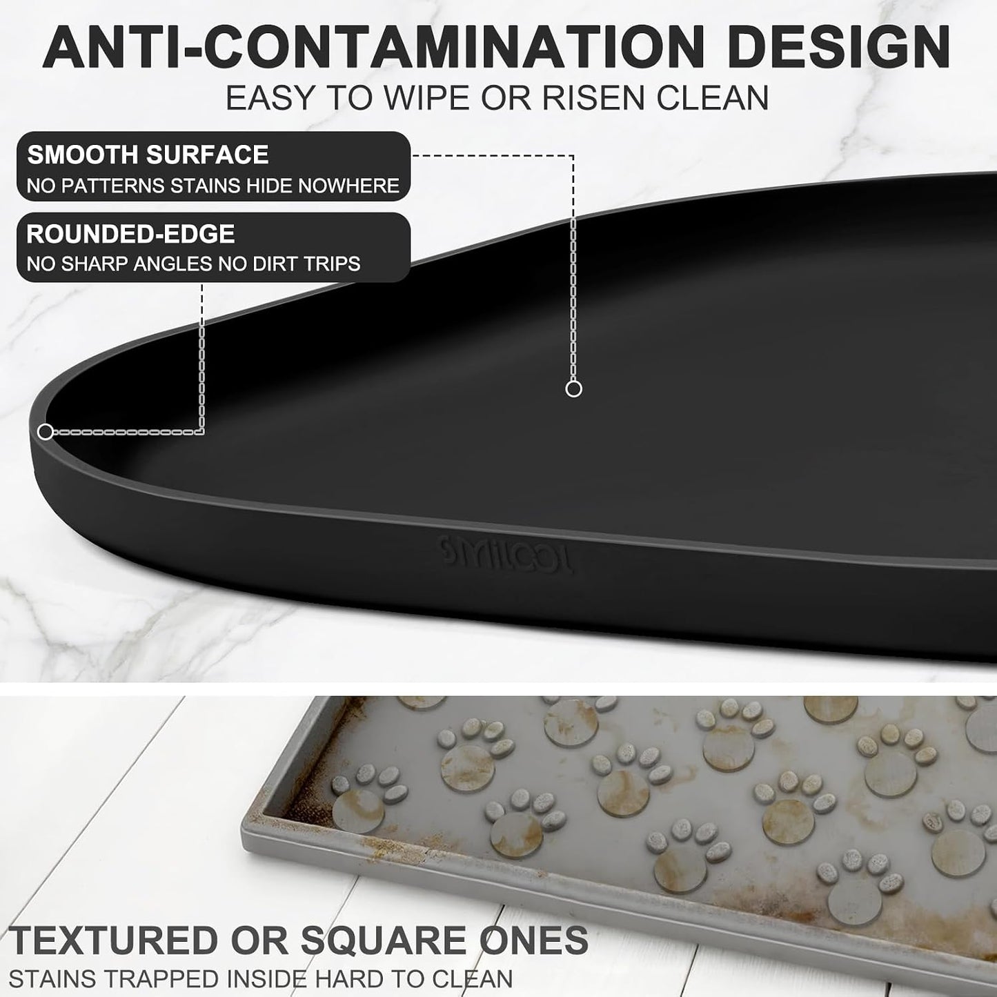 SMILOOL Waterproof Silicone Pet Food Mat with Raised Edge for Dog & Cat | 19" x 12" Non-Slip Pet Feeding Mats with Lip for Food & Water Bowl, Food Grade, Easy Cleaning, Black