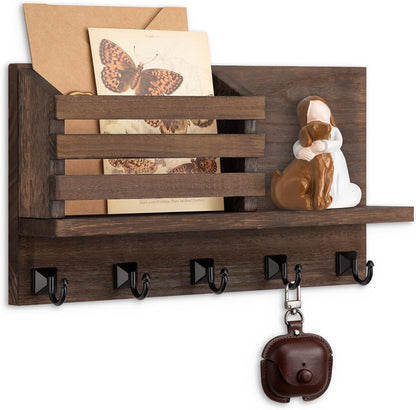 Key Holder Wall Mount, Mail Organizer for Wall with 5 Square Key Hooks | Key Holder for Wall, Key Holder with Shelf Farmhouse Home Decor for Home Entryway