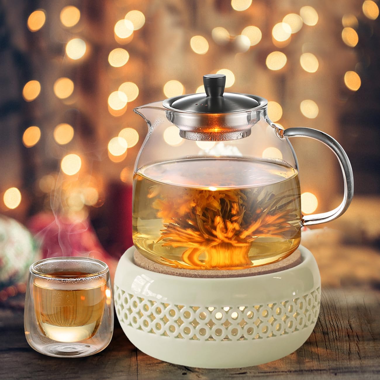 KEISSCO Teapot Warmer, Ceramic Teapot Heater with Cork Cushion Coffee Tea Warmer for Glass, Stainless Steel, Ceramic Teapot and Other Heatproof Dish Warming Use