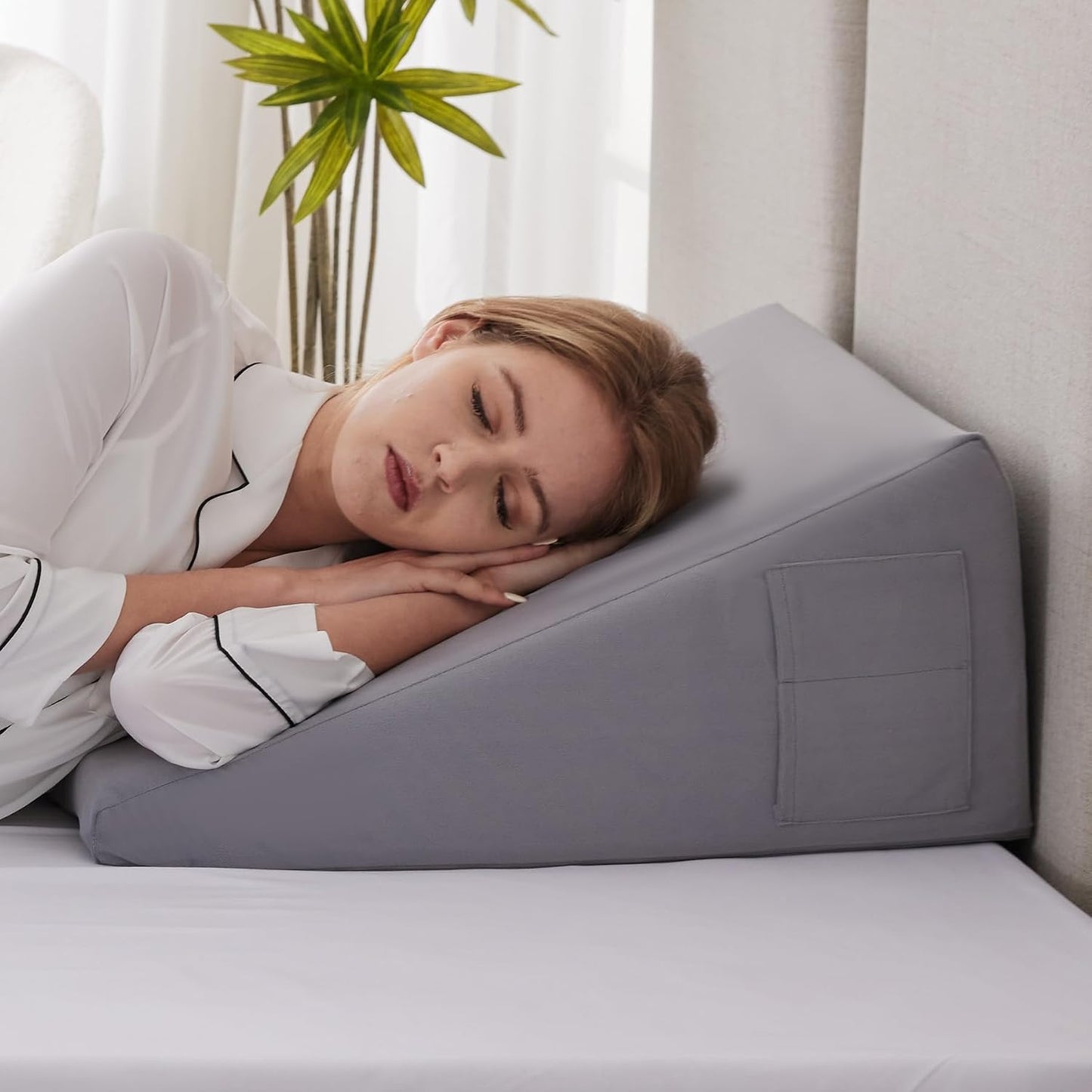 Ruqmuis Wedge Pillow for Acid Reflux, Bed Wedge Pillow for Headboard 10", Pillow Wedge for Back Pain Relief, Post Surgery, Elevated Pillows for Sleeping, Snoring, Triangle Pillow with Cover, White