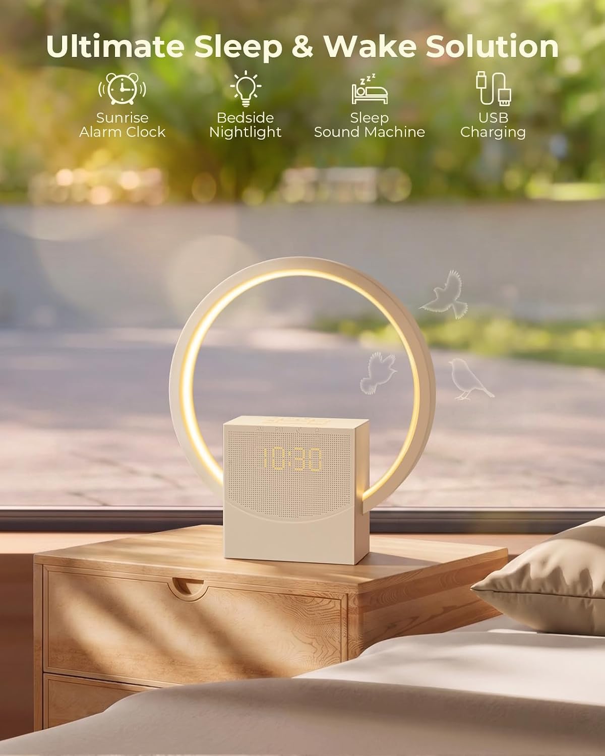 Sunrise Alarm Clock with White Noise Machine, 10 Soothing Sounds, Wake Up Light with Sleep Timer, 4-Level Touch Night Light, USB Port, Digital Alarm Clocks for Bedroom Heavy Sleepers Adults