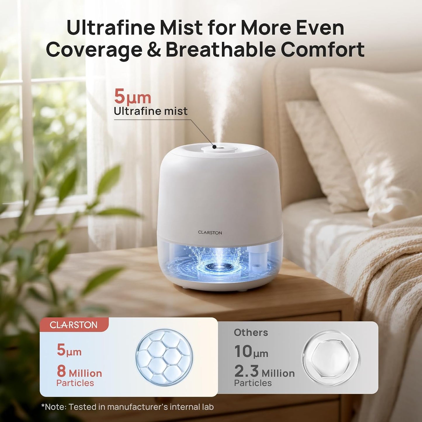 Clarston 2L Cool Mist Humidifier for Bedroom with 360° Adjustable Nozzle, High and Low Mist Levels, Ultra-Low Noise, Light-Off, No BPA, Auto Shut Off, Ideal Baby Humidifier with Easy Top Filling
