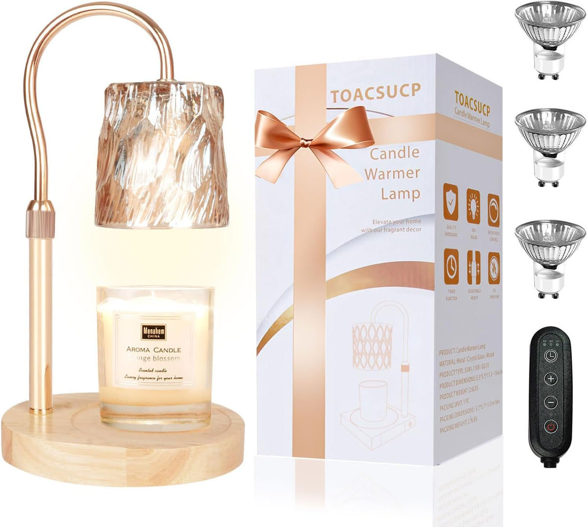 Candle Warmer Lamp with 3 Bulbs, Adjustable Height Dimmable Candle Warmer with Timer, Candle Lamp with Charming Gift Box Ribbon,Birthday Gifts for Women Mom, House Warming Gifts New Home Decor