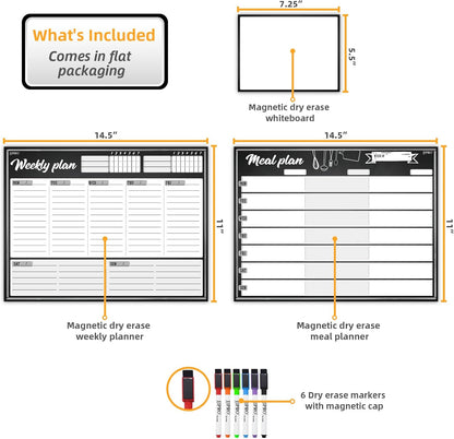 JJPRO Magnetic Dry Erase Meal Planning Whiteboard for Refrigerator-One 14.5x11 Weekly Menu Board and Two Notes Whiteboard for Kitchen Fridge-Refrigerator Organizer with Meal Planner Boards