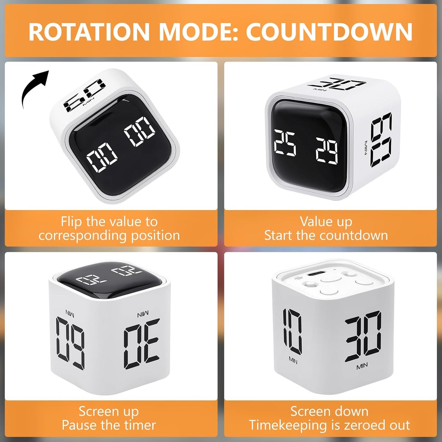 GuDoQi Multi-Function Cube Timer, 5/10/30/60 Min & Custom Count Down, Included Pause & Resume Feature, Silent, Vibrate & Adjustable Sound Alarm for Productivity in Tasks, Study & Kitchen, Purple