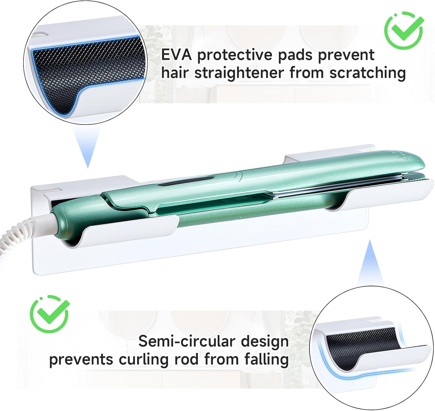 2 PCS Wall Mount Curling Iron Holder and Hair Tool Organizer with Adhesive, Multifunctional Hot Flat Iron and Hair Straightener Holder Storage Stand for Vanity, Cabinet and Wall, White