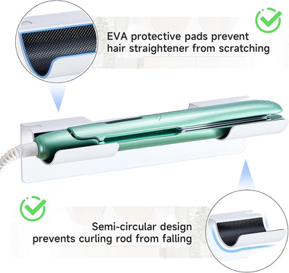 2 PCS Wall Mount Curling Iron Holder and Hair Tool Organizer with Adhesive, Multifunctional Hot Flat Iron and Hair Straightener Holder Storage Stand for Vanity, Cabinet and Wall, White
