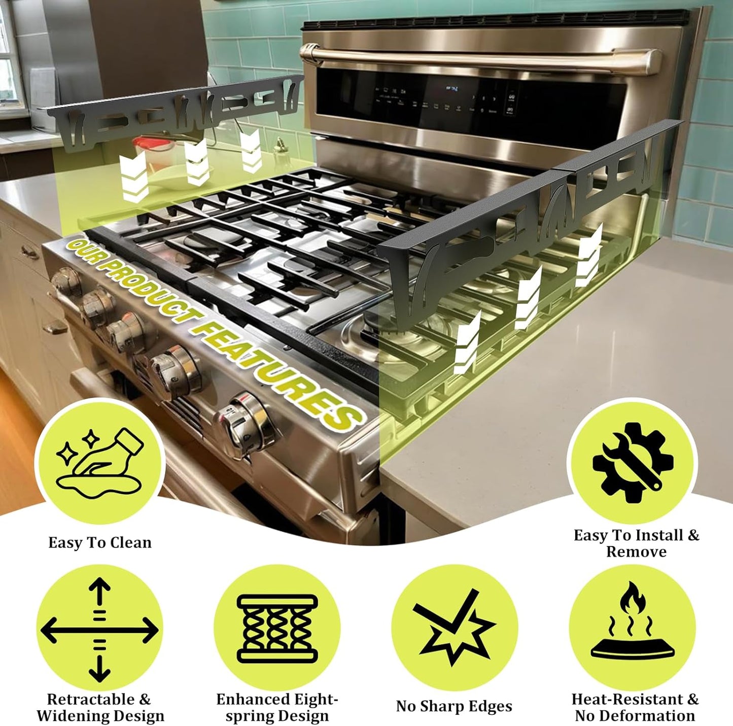 Stove Gap Covers Stainless Steel, Stove Gap Filler Between Stove and Counter, Stove Gap Guards and Range Trim Kit, Easy Retractable Length 13.8" to 27.6", Width 1", Heat-Resistant Stove Guard (2 Pack)