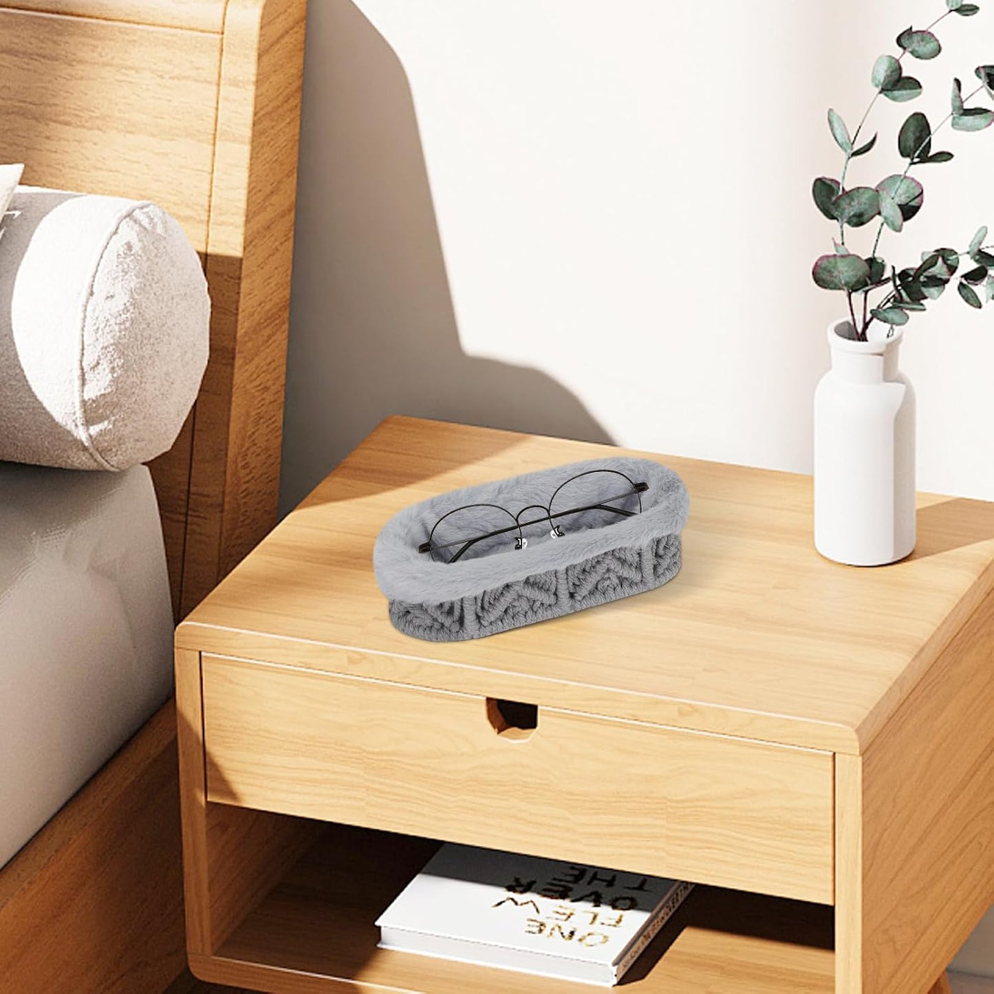 Glasses Holder, Anti-scratch Plush Lined Eyeglass Holder Stand | Oval Eye-glasses Storage Organizer Case for Nightstand, Office Desk, Bedside Table, Beige