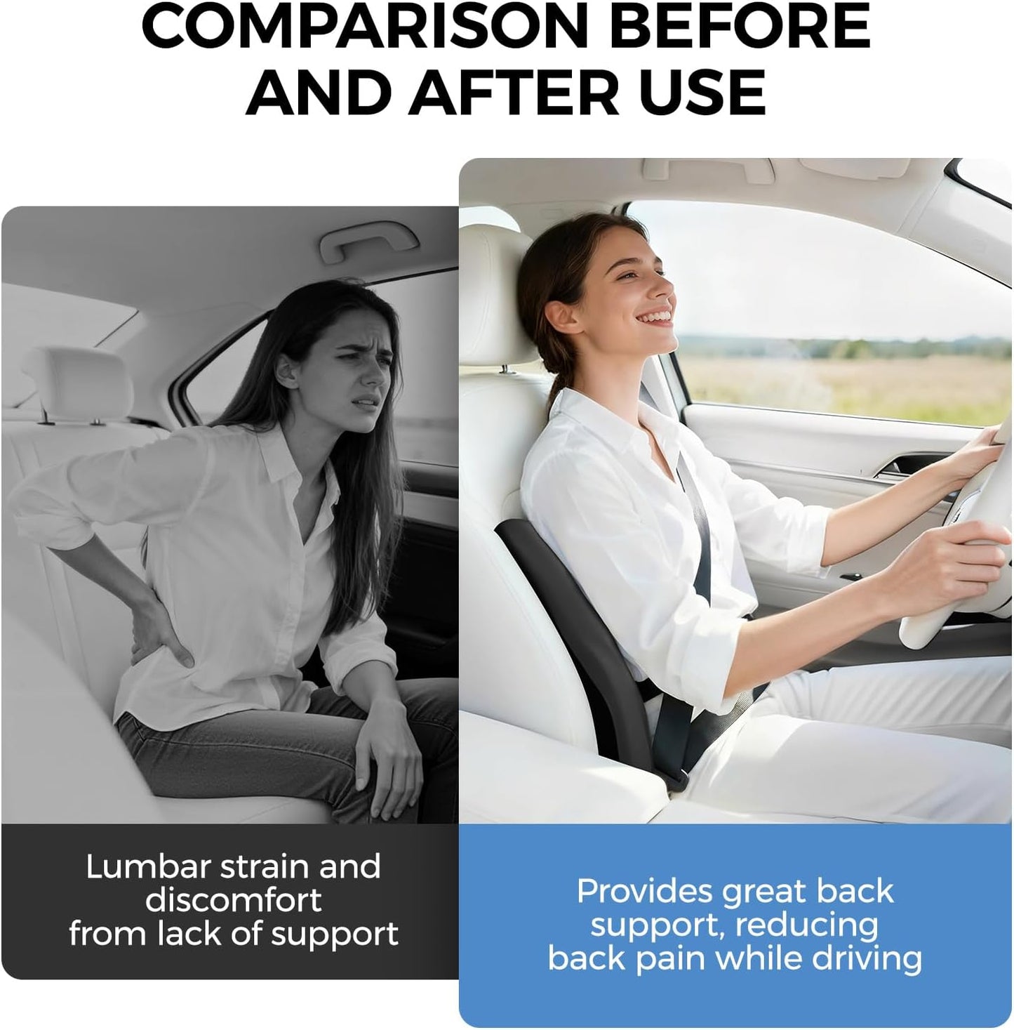 BEBAS Ergonomic Lumbar Support Pillow for Car, Memory Foam Car Back Cushion | Comfort Lumbar Pillow for Back Pain Relief, Breathable Washable Cover, Fits for Driving, Office, Wheelchair, Black