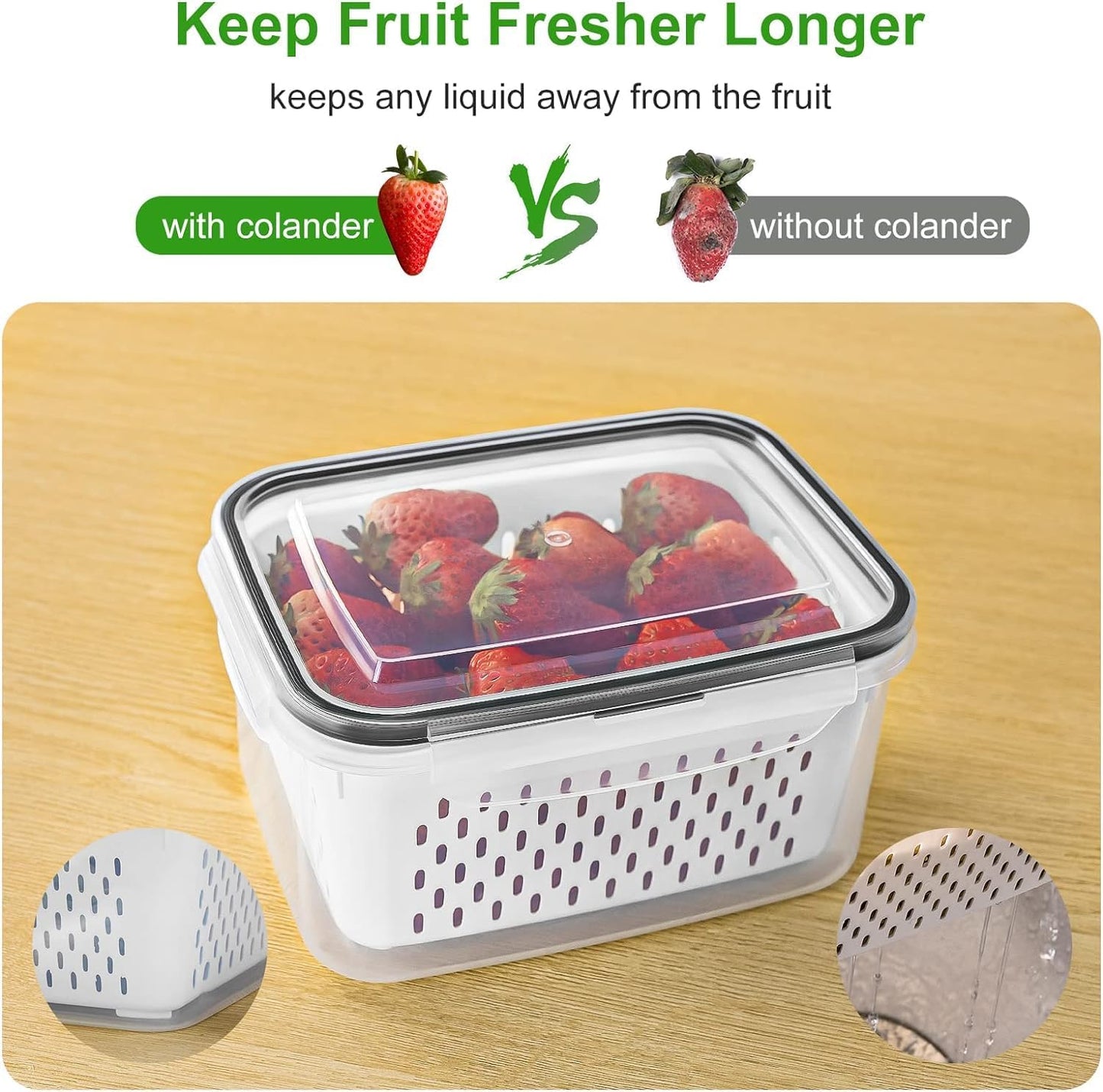 Fruit Storage Containers for Fridge with Removable Colander 10 | Airtight Food Storage Container Dishwasher Safe Produce Saver for Refrigerator Keep Berry Fruit Fresh Longer Large Clear