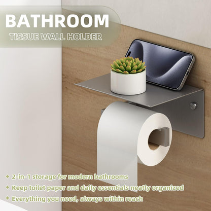APLusee Matte Black Toilet Paper Holder with Storage Shelf, Wall Mounted | Rustproof 304 Stainless Steel, 2-in-1 Functional Toilet Paper and Phone Storage, Fits Bathroom, Restroom, Vanity, Kitchen