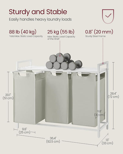 VASAGLE Laundry Hamper, Laundry Basket Sorter with 3 Pull-Out and Removable Bags, Shelf, Metal Frame, 3 x 10.6 Gallons (40 L), 36.4 x 13 x 28.4 Inches, Cappuccino Beige and Natural Beige UBLH301LH01