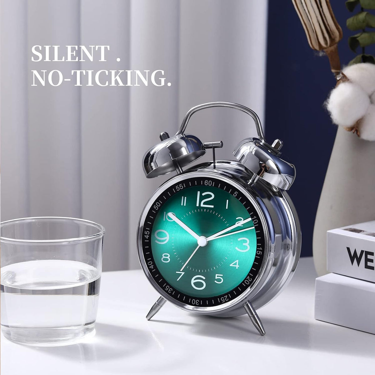 Super Loud Alarm Clock For heavy sleepers,4 inches Twin Bell Alarm Clock with Backlight,Battery Operated,Silent Non Ticking,For Kids,Adults,Bedrooms,Retro decor Desk Analog Clocks.. (Noctilucent)