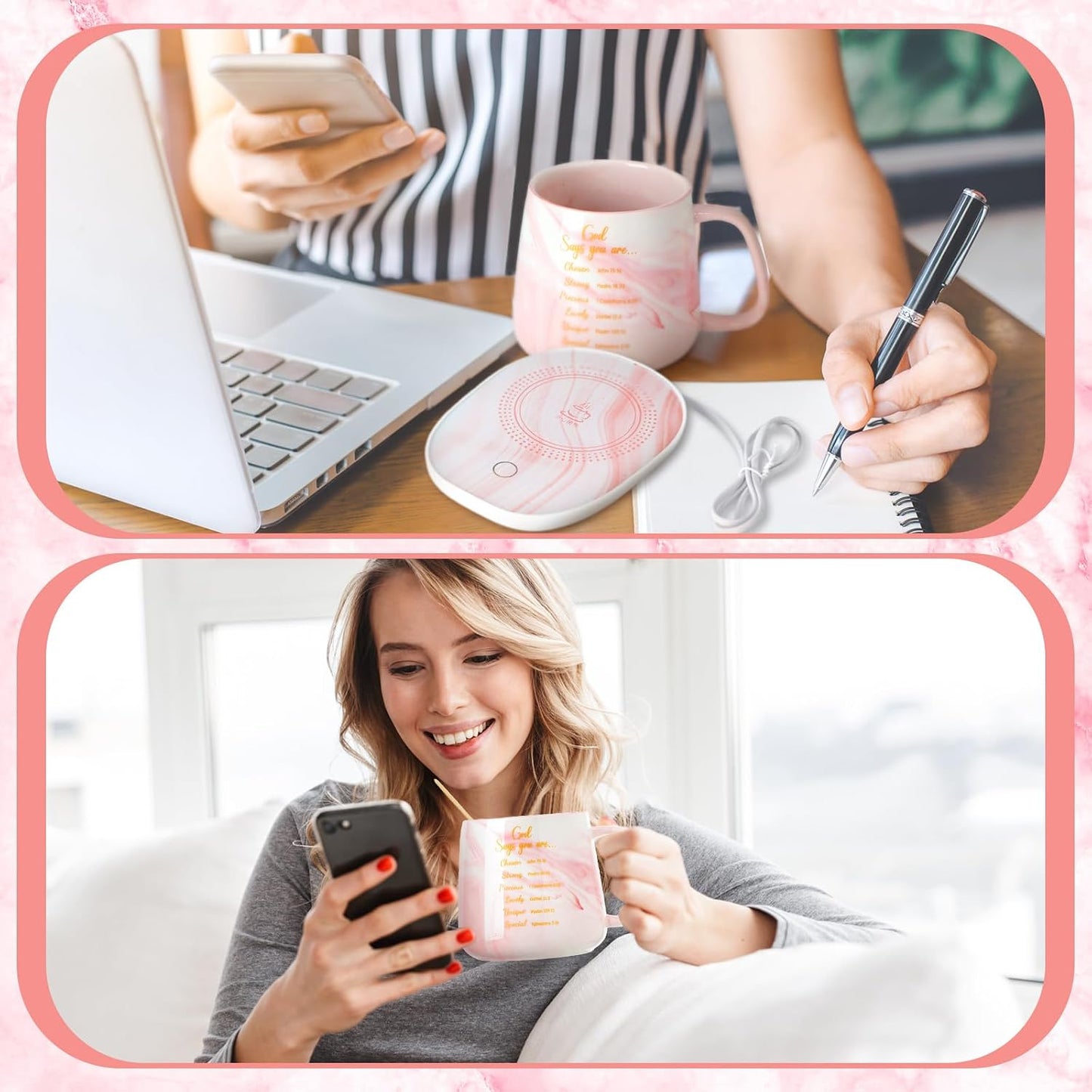 Nitial Bible Verse Coffee Mug Warmer Set Christian Coffee Mug Warmer | God Say You Are, Bible Verse Coffee Mug and Mug Warmer, Christian Gifts for Women, Pink Marble Mug, Teacher Mom Coworker