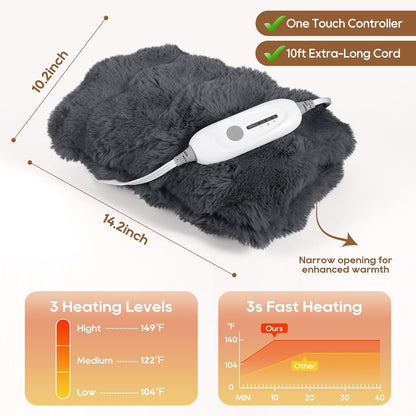 Double-Sided Heating Pad for Hands, Luxury Faux Fur Electric Hand Warmer for Fingers Arthritis, Heated Gloves Indoor Use, Hand Warmer Pouch for Women Men Hand Pain Relief, 3 Levels & Auto Off, Brown
