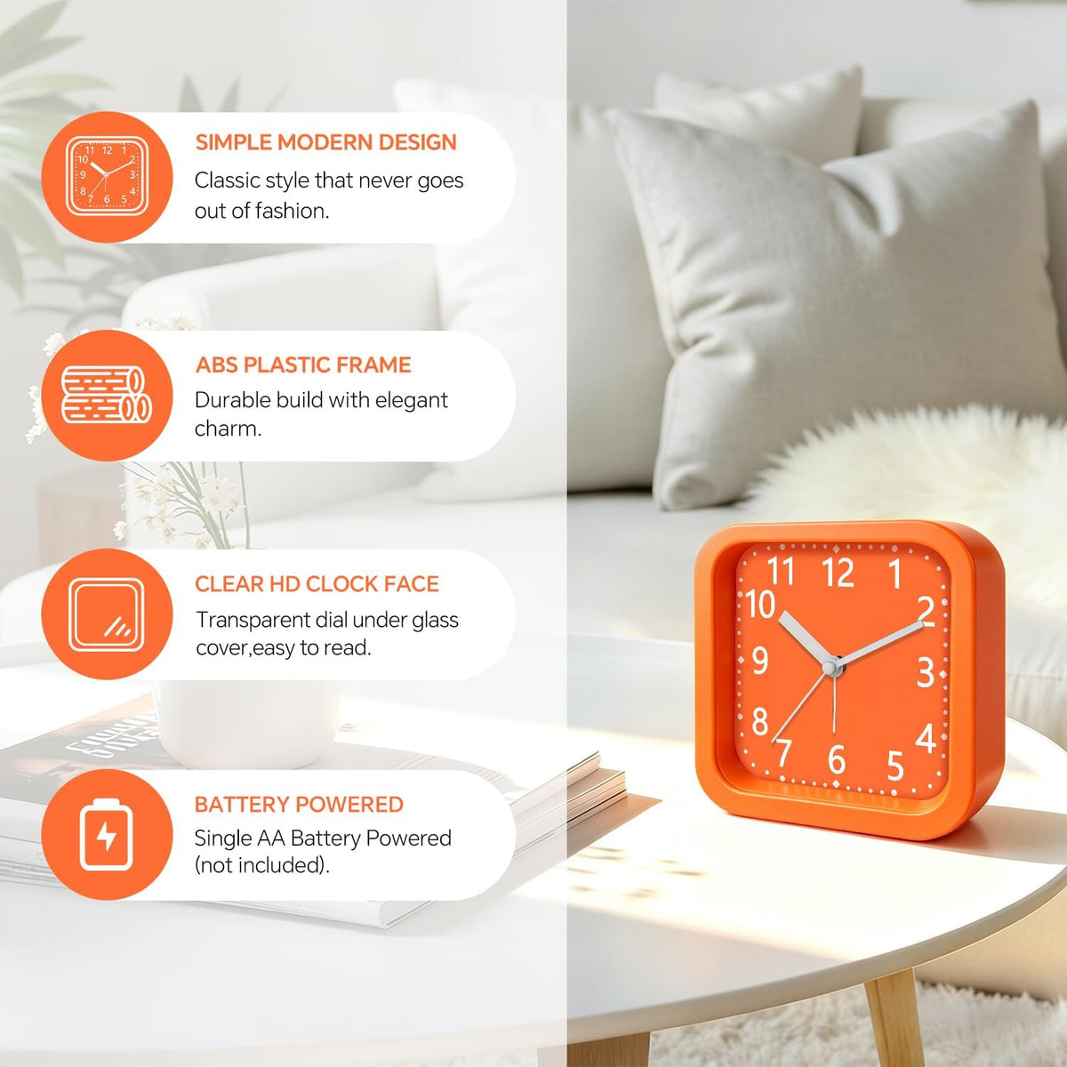 Loud Alarm Clock for Heavy Sleepers, 4.5" Simple Square Analog Alarm Clocks with Silent Movement Battery Operated Easy-to-Read Dial, Plastic Small Desk Clock for Bedroom Teens Seniors, Black