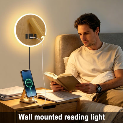 Plug in Wall Sconce with Wall Mounted Reading Lights with Switch | Wall Lamp for Bedroom with Charging Station USB C+A Ports,Bunk Bed Lights with 3W+9W Night Light,Walnut Color Reading Light