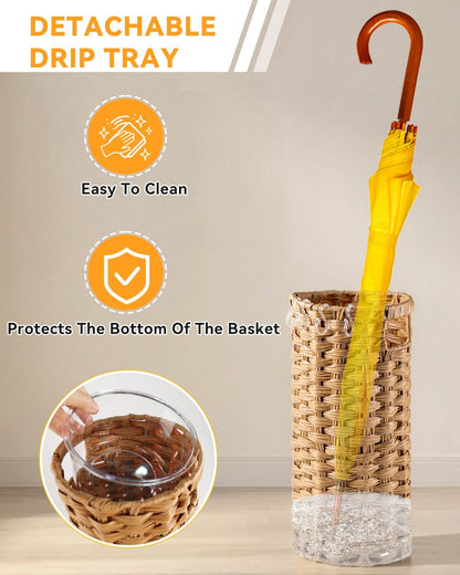 Rattan Umbrella Stand for Entryway,Hand-Woven Umbrella Holder Indoor with Doormat, Removable Drip Tray & 4 Hooks,Waterproof Umbrella Storage Basket