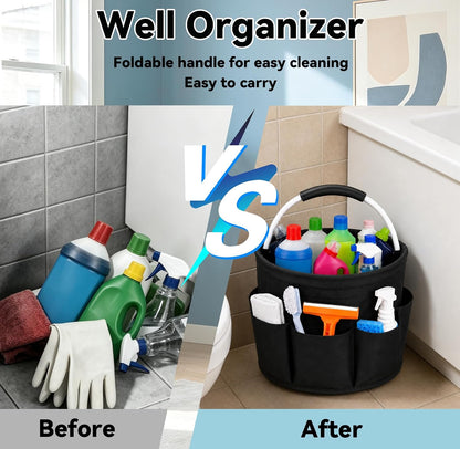 UFORU Cleaning Caddy with Handle, 17L Foldable Organizer with 6 Pockets | 600D Oxford Fabric, Durable, Waterproof, Large Capacity, Space-Saving Foldable, Multi Cleaning Bucket Bag for Home, Garden