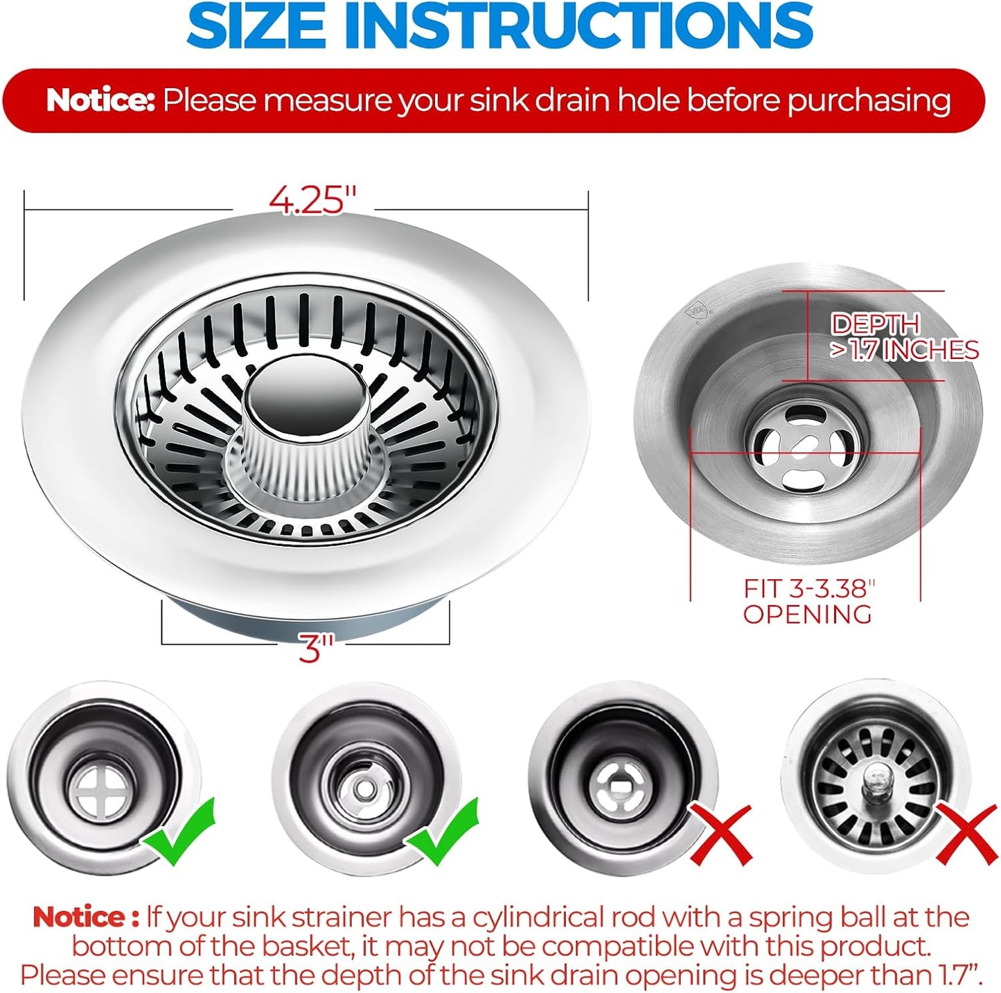 3 in 1 Kitchen Sink Drain Strainer Stopper Removable Basket Pop-Up | Kitchen Sink Food Strainer 1 Pack Silver Stainless - Food Catcher, Odor-Block Seal, Fits 3.5" Drain, Easy Clean
