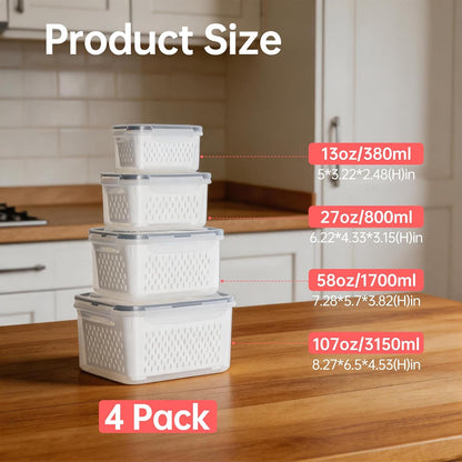 Fruit Containers for Fridge with Removable Colander, 4 Pack Strawberry Storage Containers for Fridge, Containers with Lids, Keep Strawberries, Berries Fresh for Longer