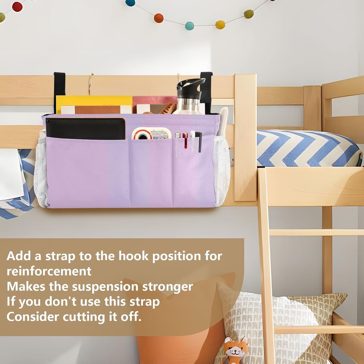 YETTASBIN Purple Bedside Caddy Hanging Storage Organizer Bag with 2 Straps & Hooks for Bunk Beds, College Dorm, Hospital Bed - Holder for Books, Phone, Magazine, Glasses, Keys