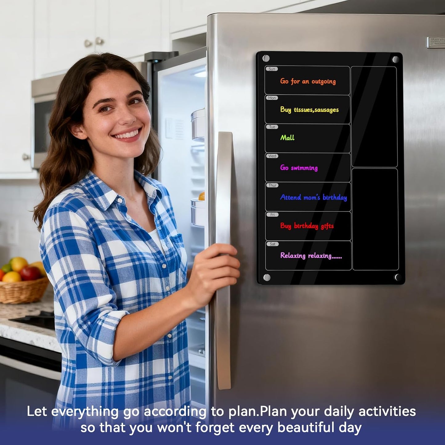 YNGRUE Acrylic Meal Planner Magnetic Menu Board for Kitchen Fridge,Magnetic Black Weekly Calendar Planner Board Refrigerator Dry Erase Board to Do Chore Chart,Grocery/Shopping List,12"x8"