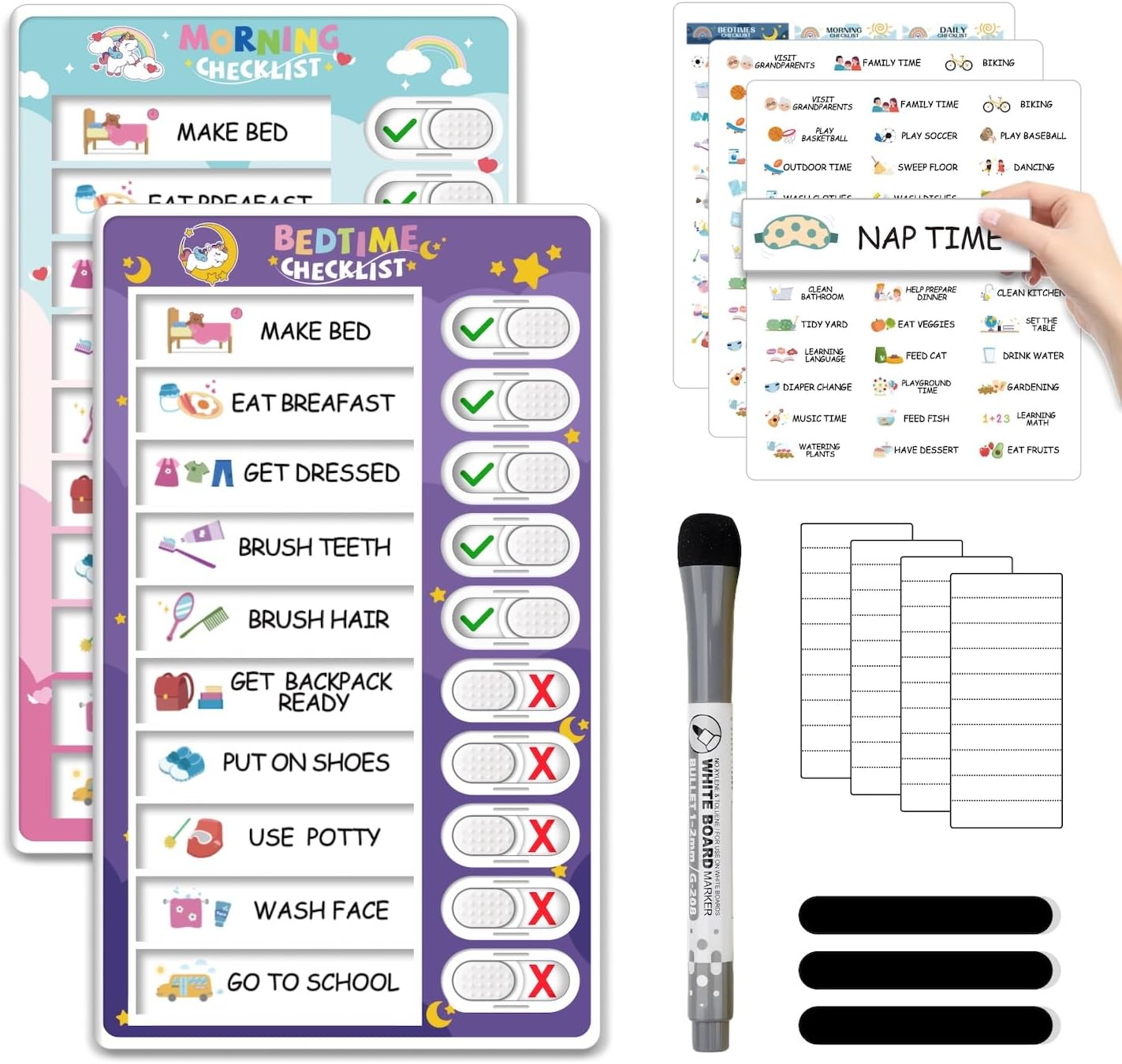 2 in 1 Bedtime/Morning Routine Chart for Kids Toddlers, Magnetic Chore Chart for Kids, Cute Visual Schedule for Kids Schedule Board for Home, Kids Checklist to Do List ADHD Tools for Kids