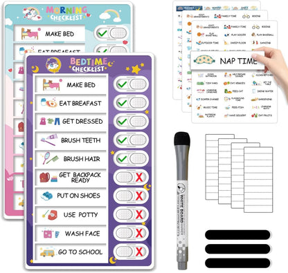2 in 1 Bedtime/Morning Routine Chart for Kids Toddlers, Magnetic Chore Chart for Kids, Cute Visual Schedule for Kids Schedule Board for Home, Kids Checklist to Do List ADHD Tools for Kids