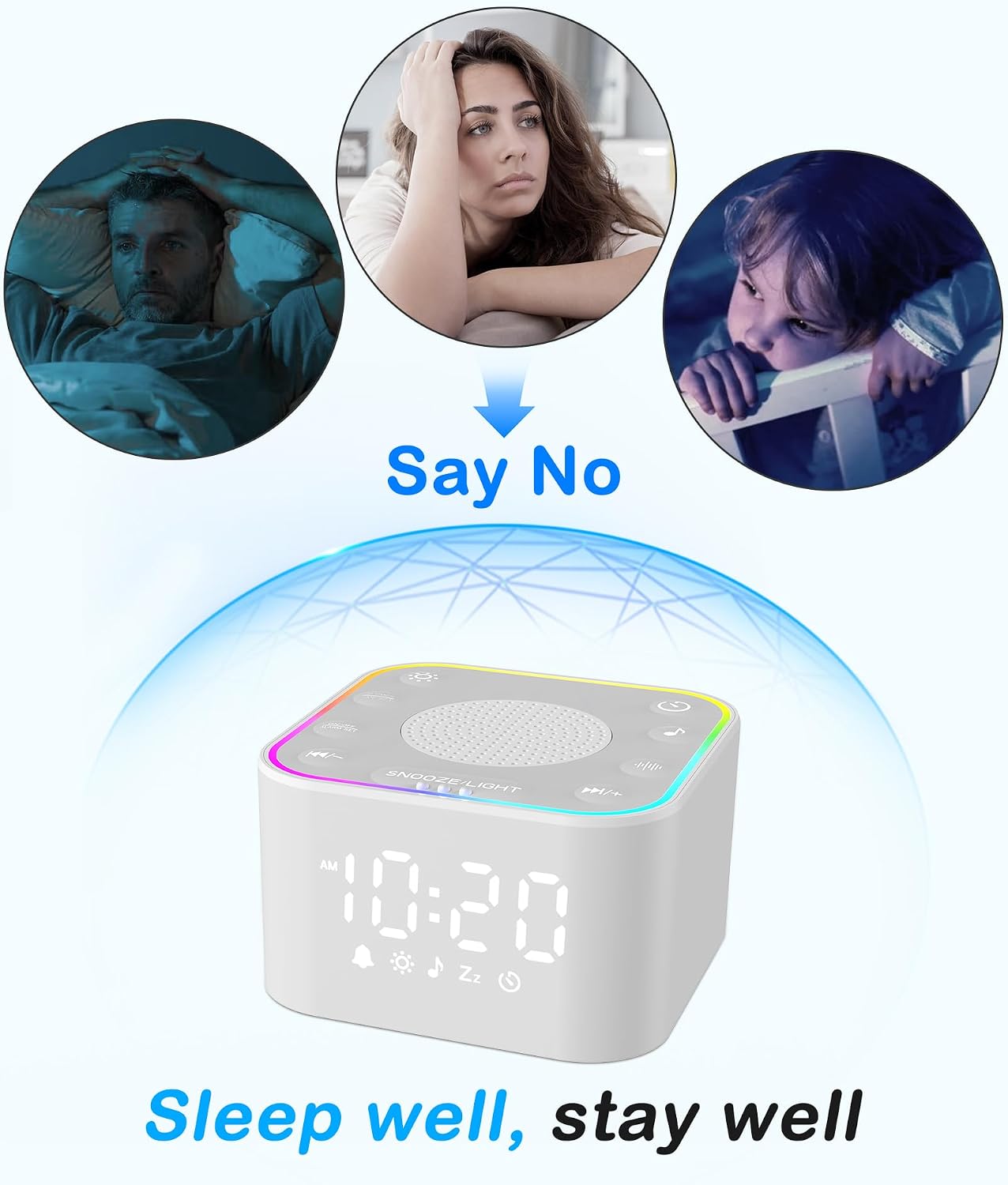 White Noise Sound Machine: Fall Asleep 40% Faster for Adults Bedroom | 30 Non-Looping Sounds Adjustable Volume for Relax & Sleep, Built-in Dimmable Alarm Clock & Night Light