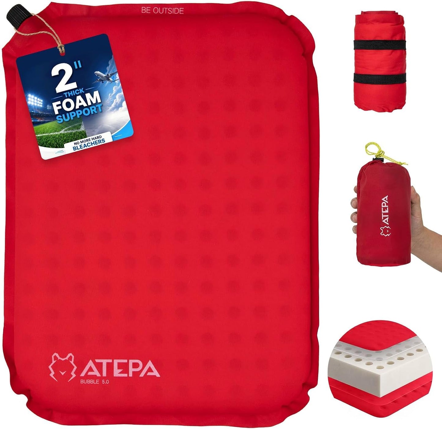 ATEPA Inflatable Seat Cushion | 2" & 2.5" foam core seat pad, Self inflating, Compact, Stadium, Airplane, Travel, Camping, Hiking, Sports events