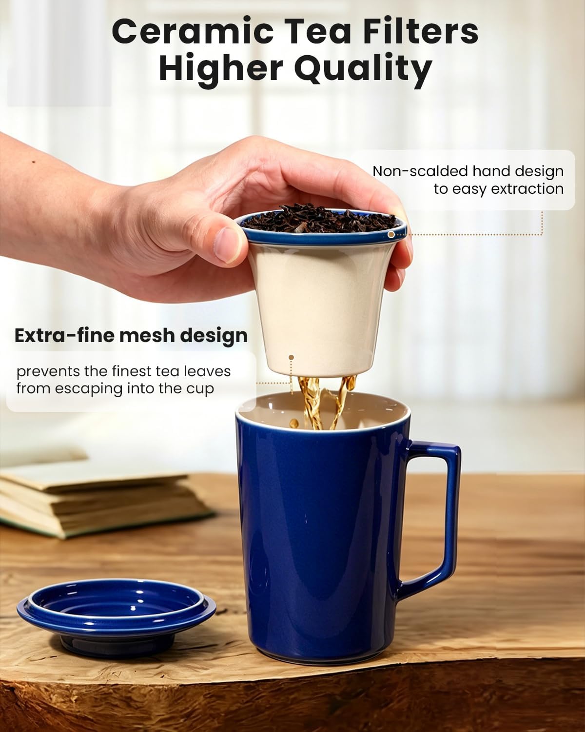15 oz Ceramic Tea Infuser Cup with Lid - Tea Mug with All Porcelain Strainer for Loose Leaf Teas,Microwave and Dishwasher Safe,Metal-Free,BPA-Free for Tea Lovers/Birthday (Black)