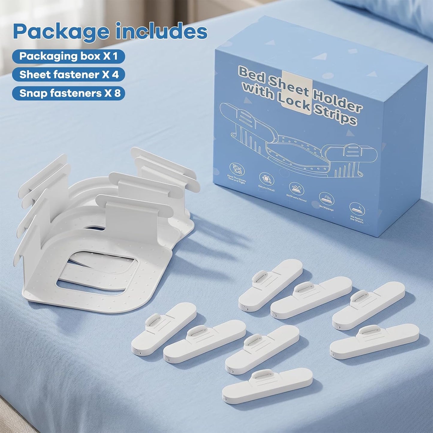 Bed Lock Sheet Holders, New Upgrade Sheet Straps Keep Sheets Firm & Tight, Bed Fitted Sheet Holder for Corners, Sheet Clips, Mattress Sheet Holder Strap, Sheet Secure Lock Fasteners White