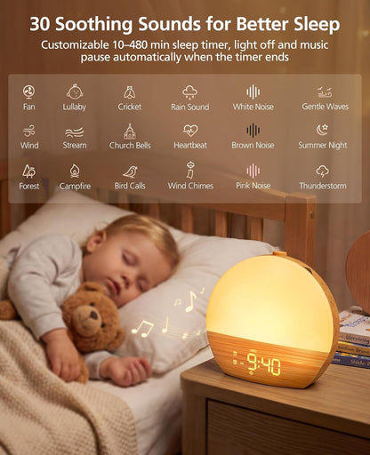 Wood Grain White Noise Sound Machine Sunrise Alarm Clock with 30 Soothing Sounds, 17 Night Lights, Bluetooth Speaker Wake Up Light Alarm Clocks for bedrooms, Heavy Sleepers, Baby, Kids