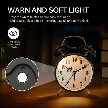 4.5" Metal Loud Alarm Clock for Heavy Sleepers Adults, Analog Battery Operated Alarm Clock with Bells Glow in Dark Numbers, Silent Old School Bedside Desk Clock for Bedroom Office Kids, Black