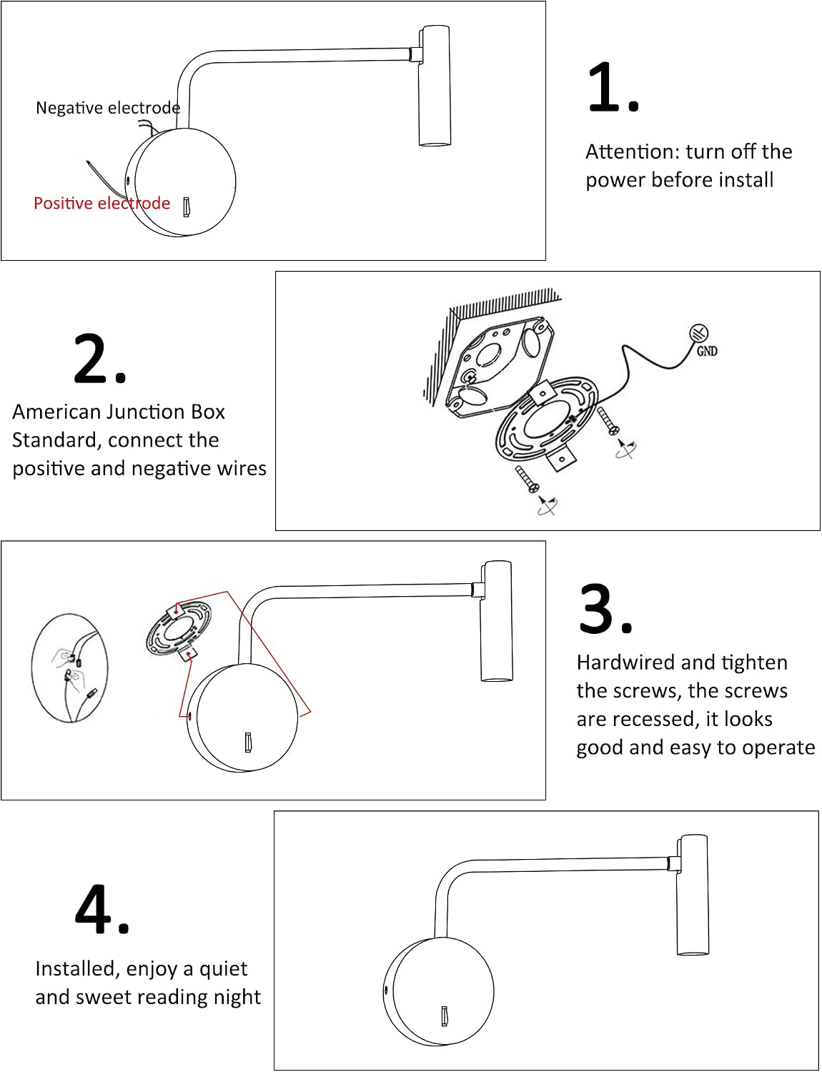ZEROUNO Wall Mounted Reading Light for Bedroom LED Hardwired Sconce with Switch on/Off Modern 3000K Swing Arm Bedside Wall Mount Lamp (Black)